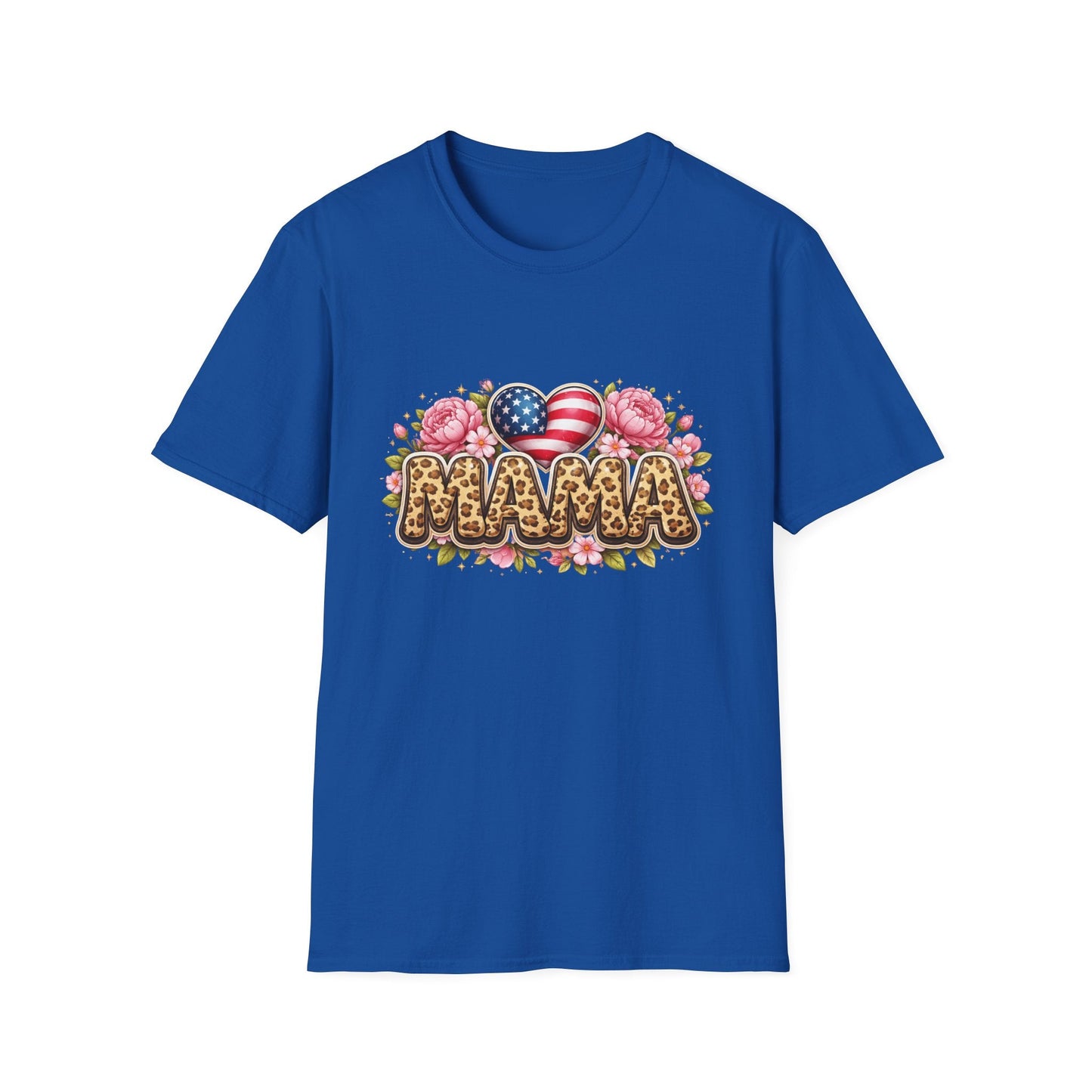Mama Leopard Floral Tee with American Flag Hearts — Patriotic Mother's Day Shirt