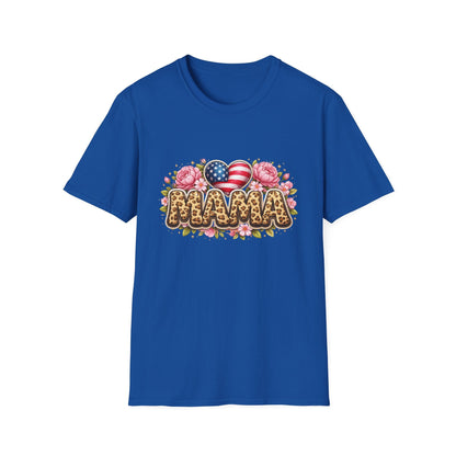 Mama Leopard Floral Tee with American Flag Hearts — Patriotic Mother's Day Shirt