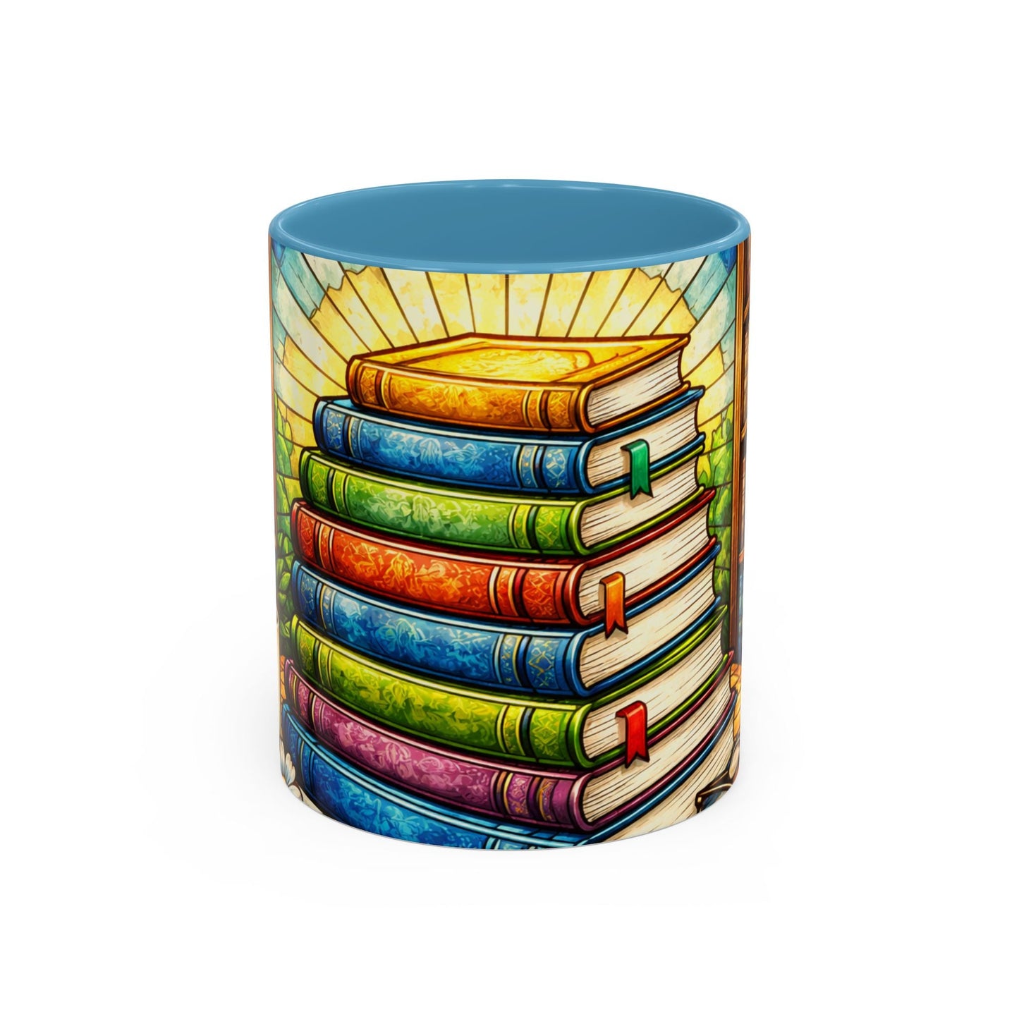 Stacked Books Accent Coffee Mug — Colorful Library Art for Book Lovers