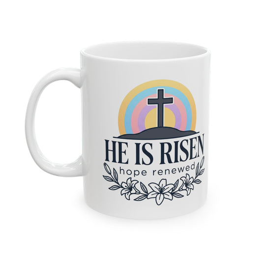 He Is Risen Ceramic Mug — Christian Easter Rainbow Coffee Cup (11oz & 15oz)