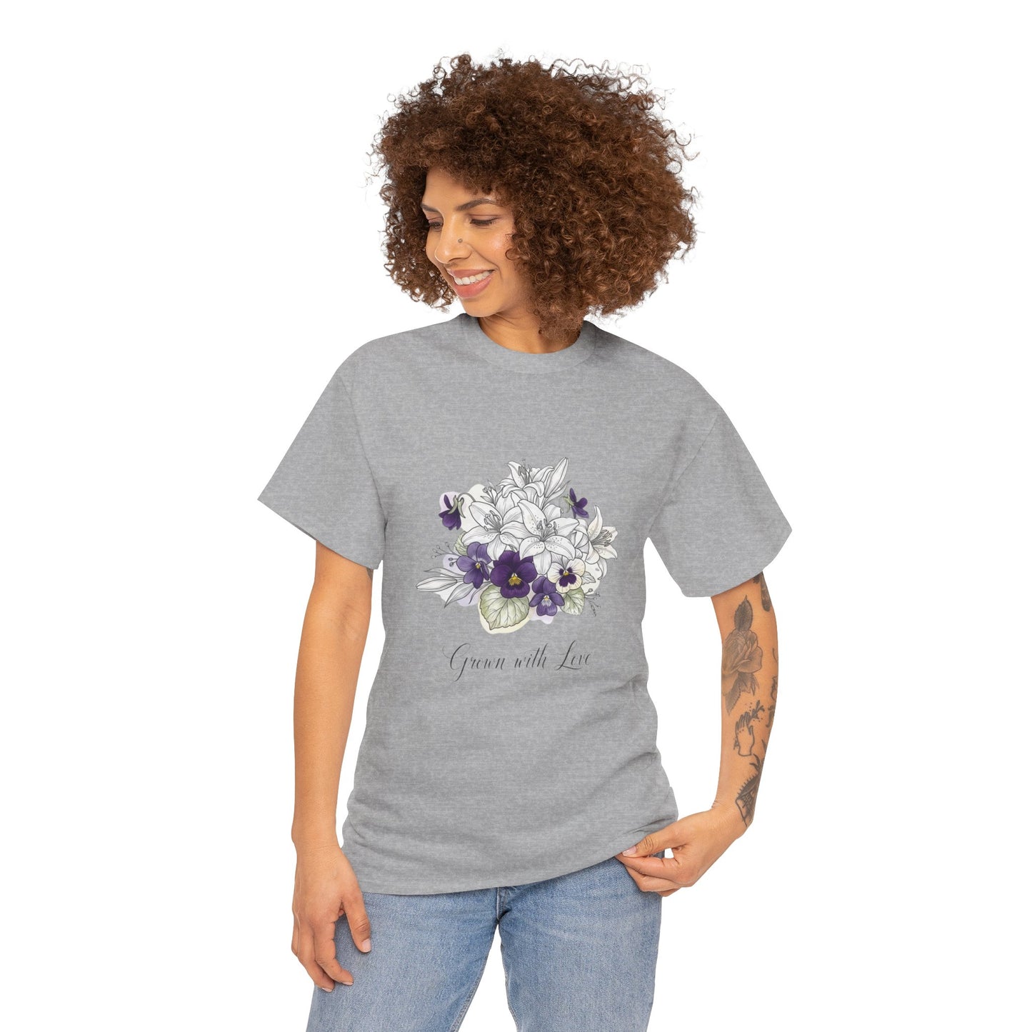 Floral 'Grow with Love' Tee — Botanical Pansy Bouquet T-Shirt