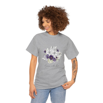 Floral 'Grow with Love' Tee — Botanical Pansy Bouquet T-Shirt