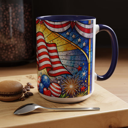 Patriotic Accent Coffee Mug — American Flag & Fireworks 15oz