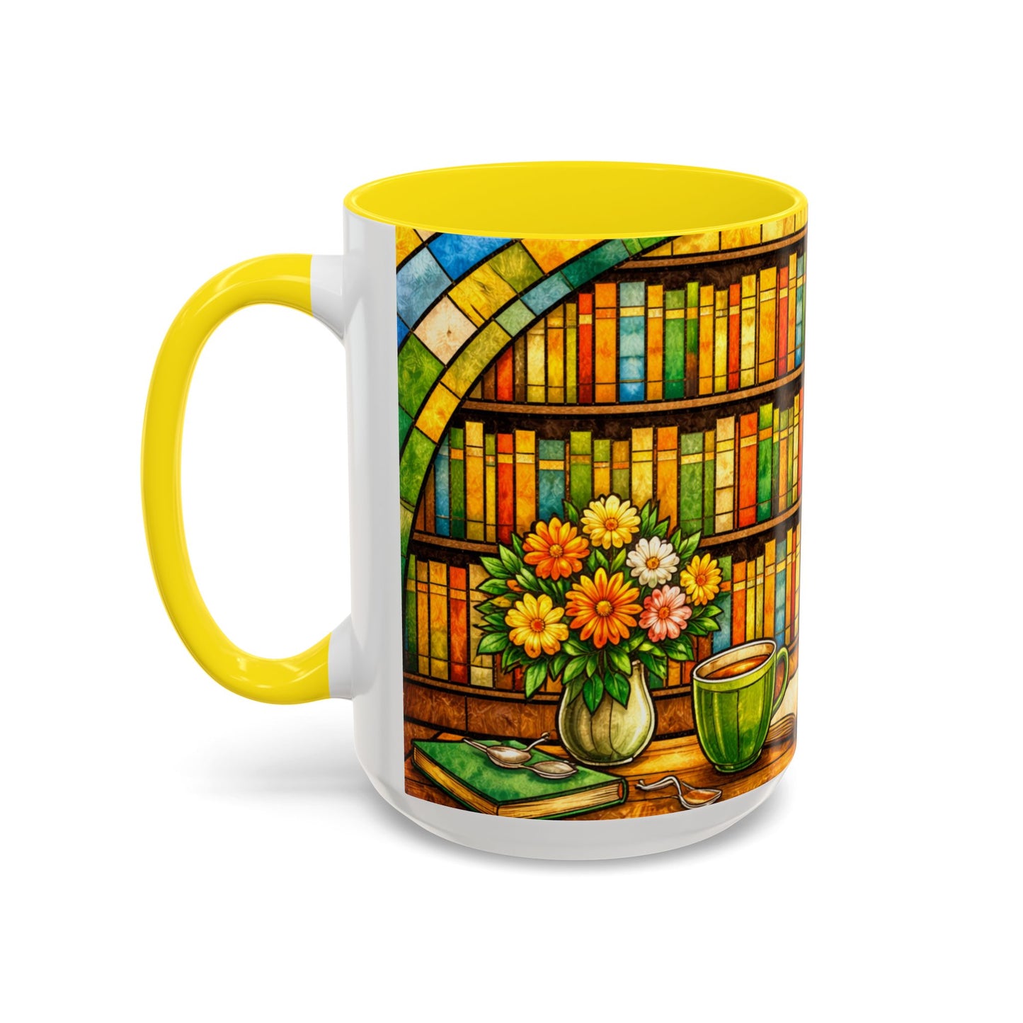 Booklover Coffee Mug – Stained Glass Library Accent Ceramic Mug