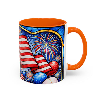 Patriotic American Flag Coffee Mug – 11/15oz Accent Mug with Fireworks & USA Design