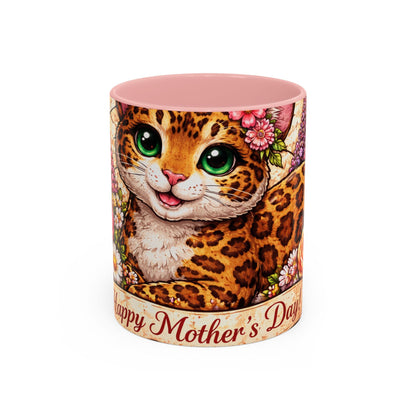 Mother's Day Cat Coffee Mug – Cute Floral Leopard Cat Accent Mug (11 oz)