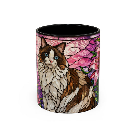 Stained Glass Ragdoll Cat Accent Coffee Mug — Floral Lily Ceramic 11/15oz
