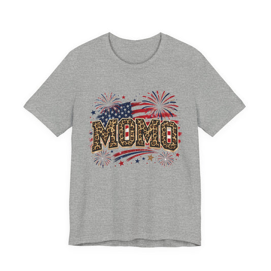 MOMO Leopard Patriotic T‑Shirt — American Flag Fireworks Graphic Tee