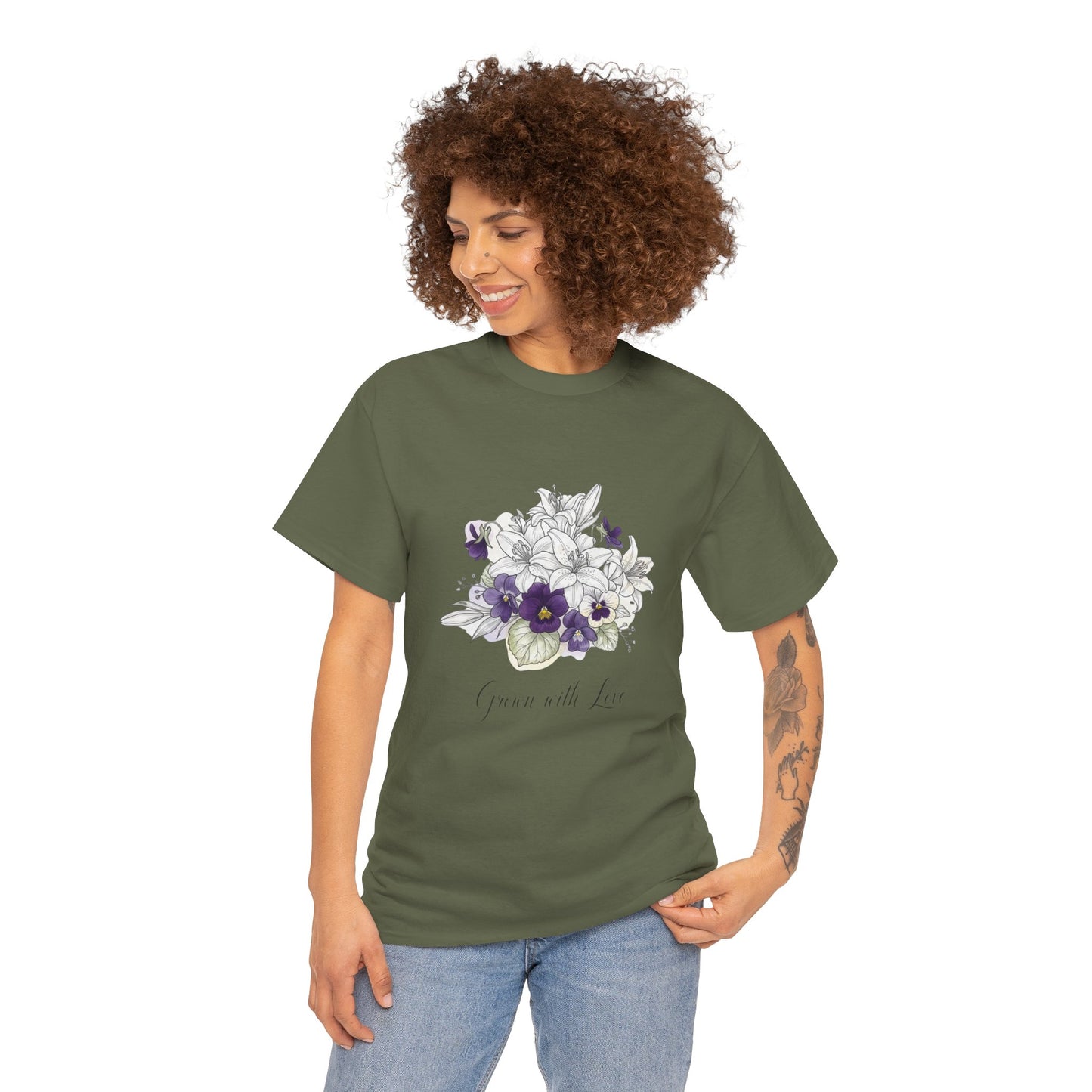 Floral 'Grow with Love' Tee — Botanical Pansy Bouquet T-Shirt