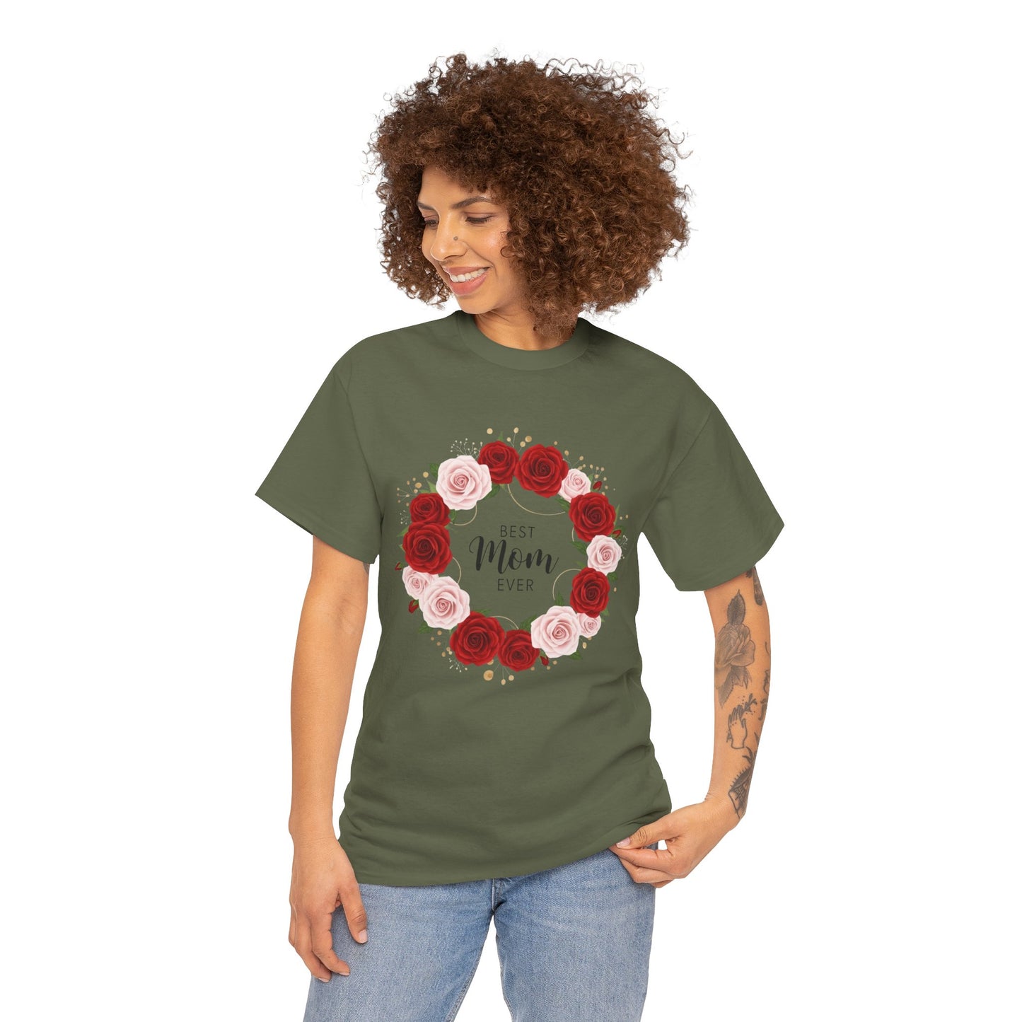Mom Floral Wreath T-Shirt Best Mom Ever Mother's Day Gift Women Cotton Tee
