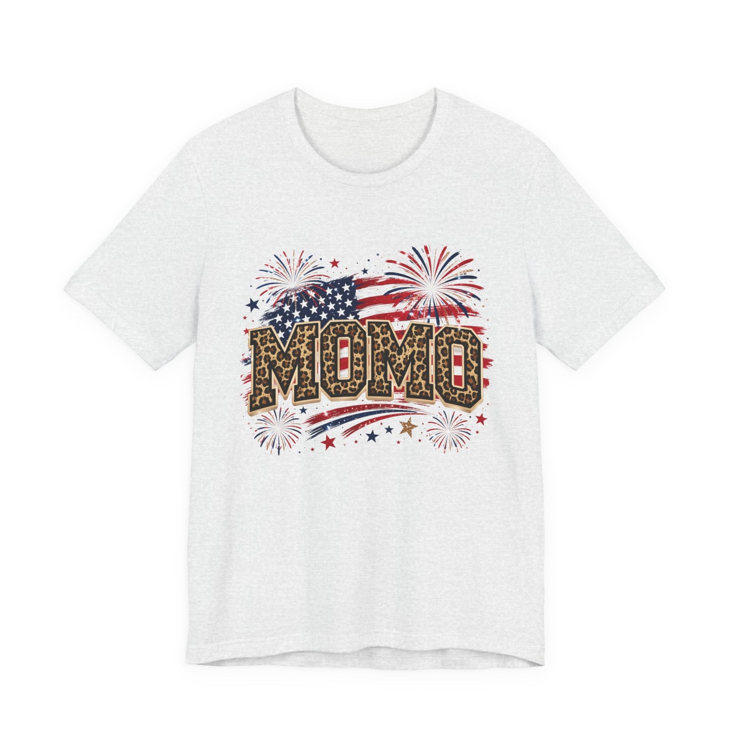 MOMO Leopard Patriotic T‑Shirt — American Flag Fireworks Graphic Tee