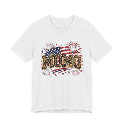 MOMO Leopard Patriotic T‑Shirt — American Flag Fireworks Graphic Tee