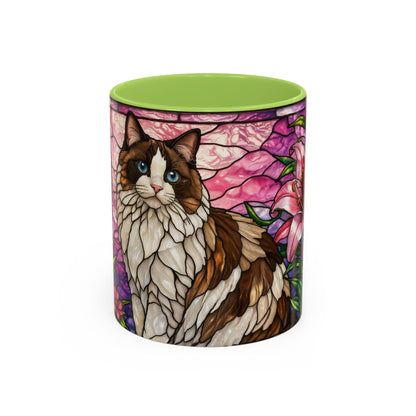 Stained Glass Ragdoll Cat Accent Coffee Mug — Floral Lily Ceramic 11/15oz
