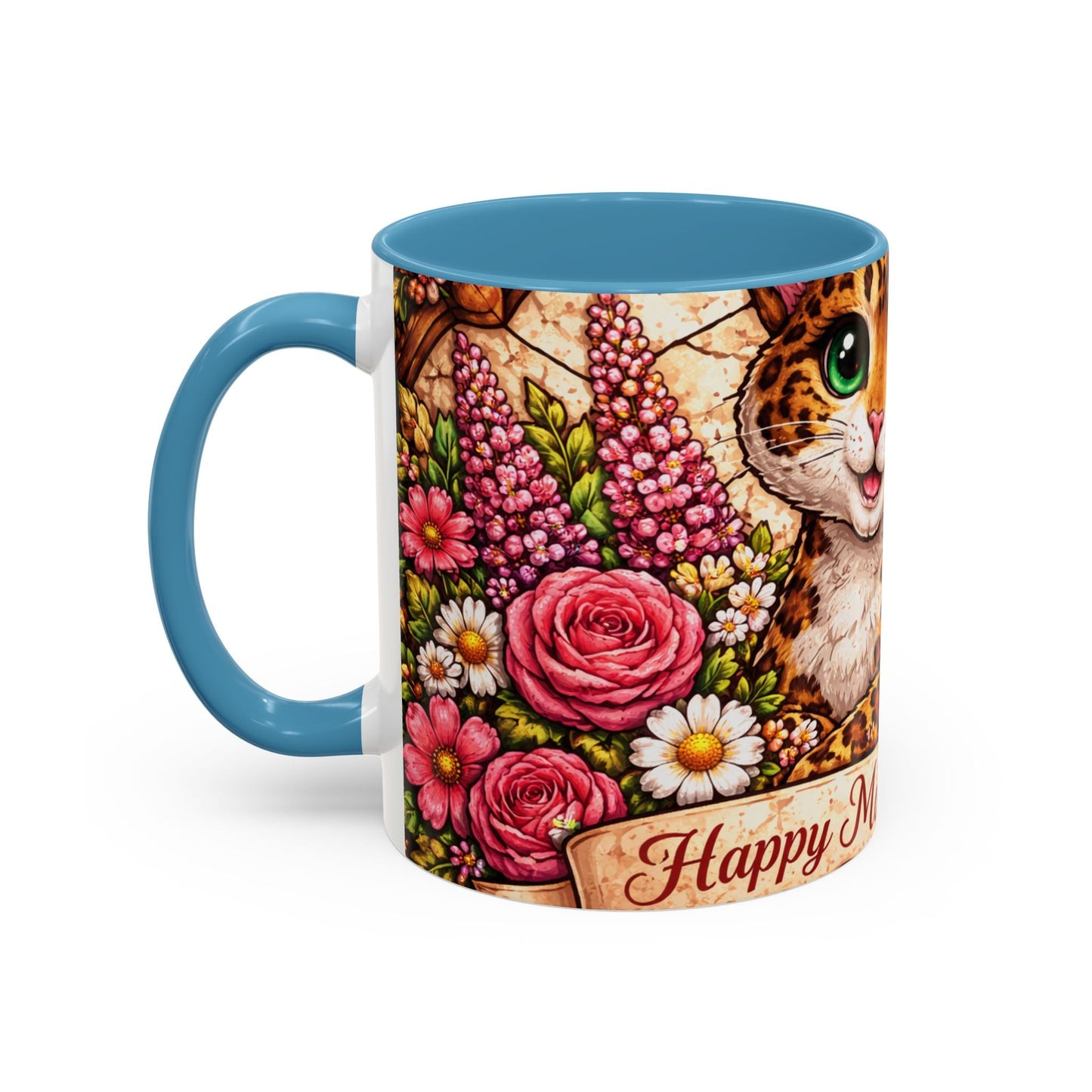 Mother's Day Cat Coffee Mug – Cute Floral Leopard Cat Accent Mug (11 oz)