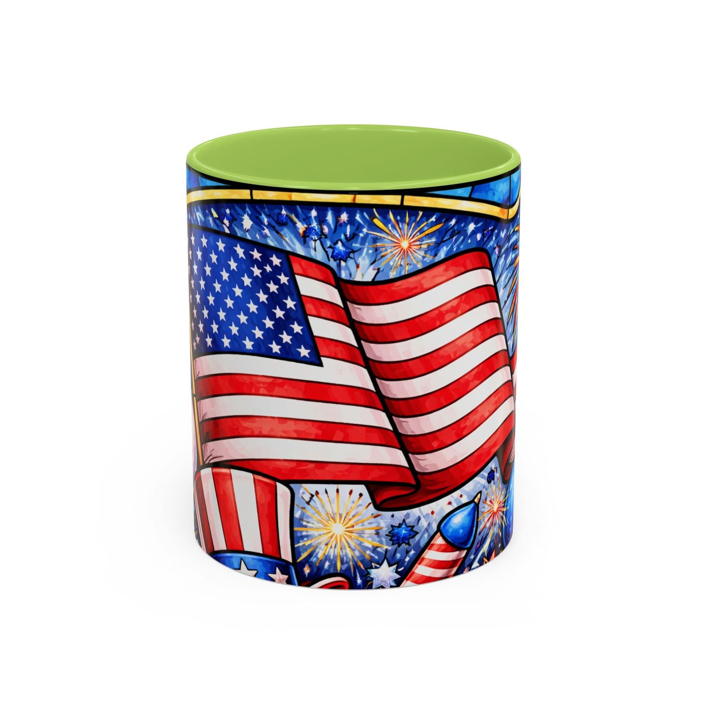 Patriotic American Flag Coffee Mug – 11/15oz Accent Mug with Fireworks & USA Design