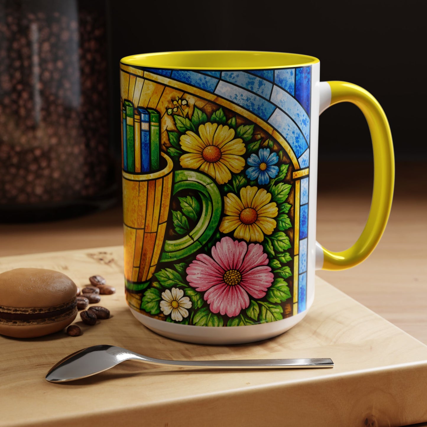 Stained Glass Garden Mug — Colorful Floral Book Basket Coffee Mug