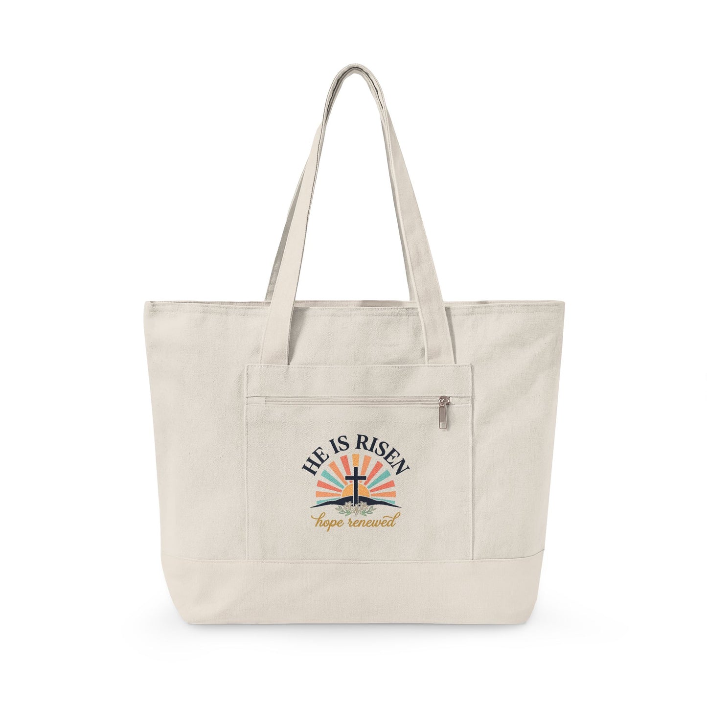 He Is Risen Canvas Tote - Easter Cross Zippered Beach & Grocery Bag