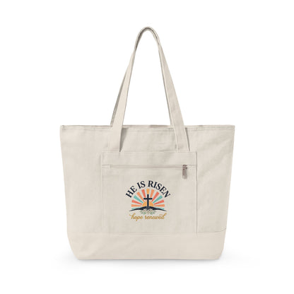 He Is Risen Canvas Tote - Easter Cross Zippered Beach & Grocery Bag