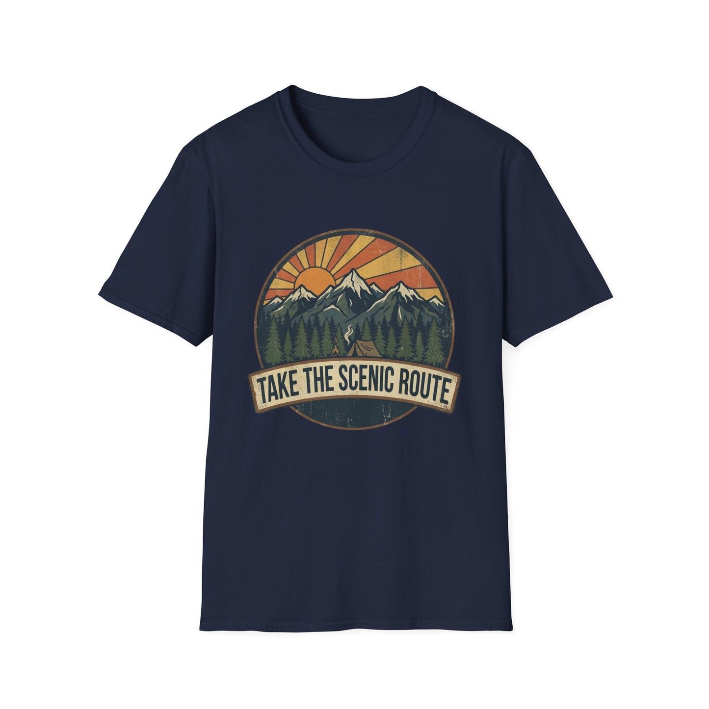 Take The Scenic Route T-Shirt — Vintage Mountain Sun Graphic Tee for Travelers & Hikers
