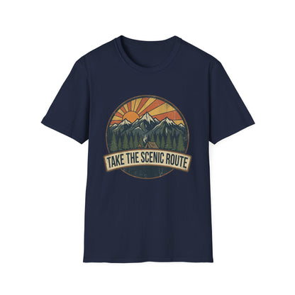 Take The Scenic Route T-Shirt — Vintage Mountain Sun Graphic Tee for Travelers & Hikers