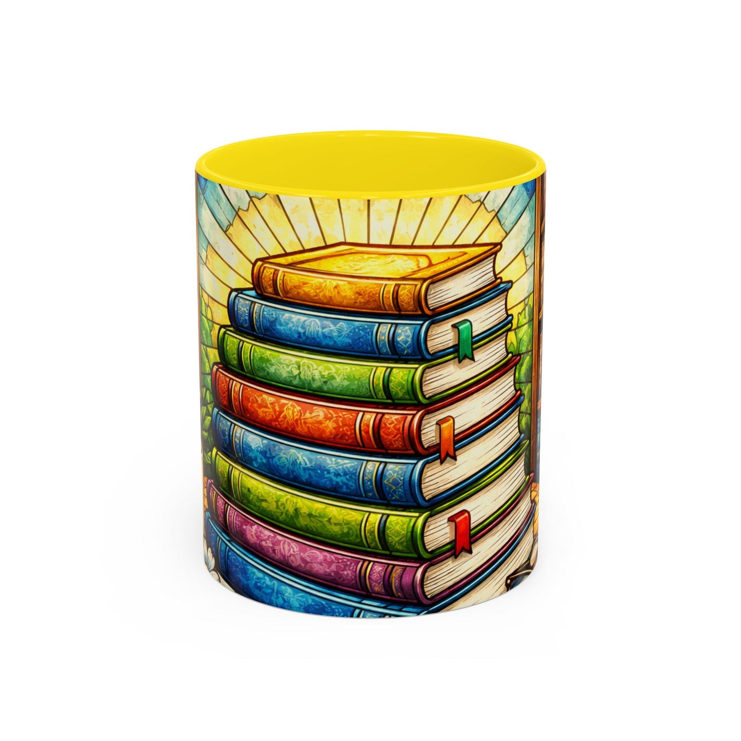 Stacked Books Accent Coffee Mug — Colorful Library Art for Book Lovers