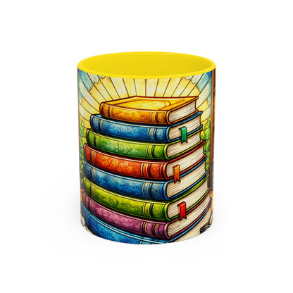 Stacked Books Accent Coffee Mug — Colorful Library Art for Book Lovers