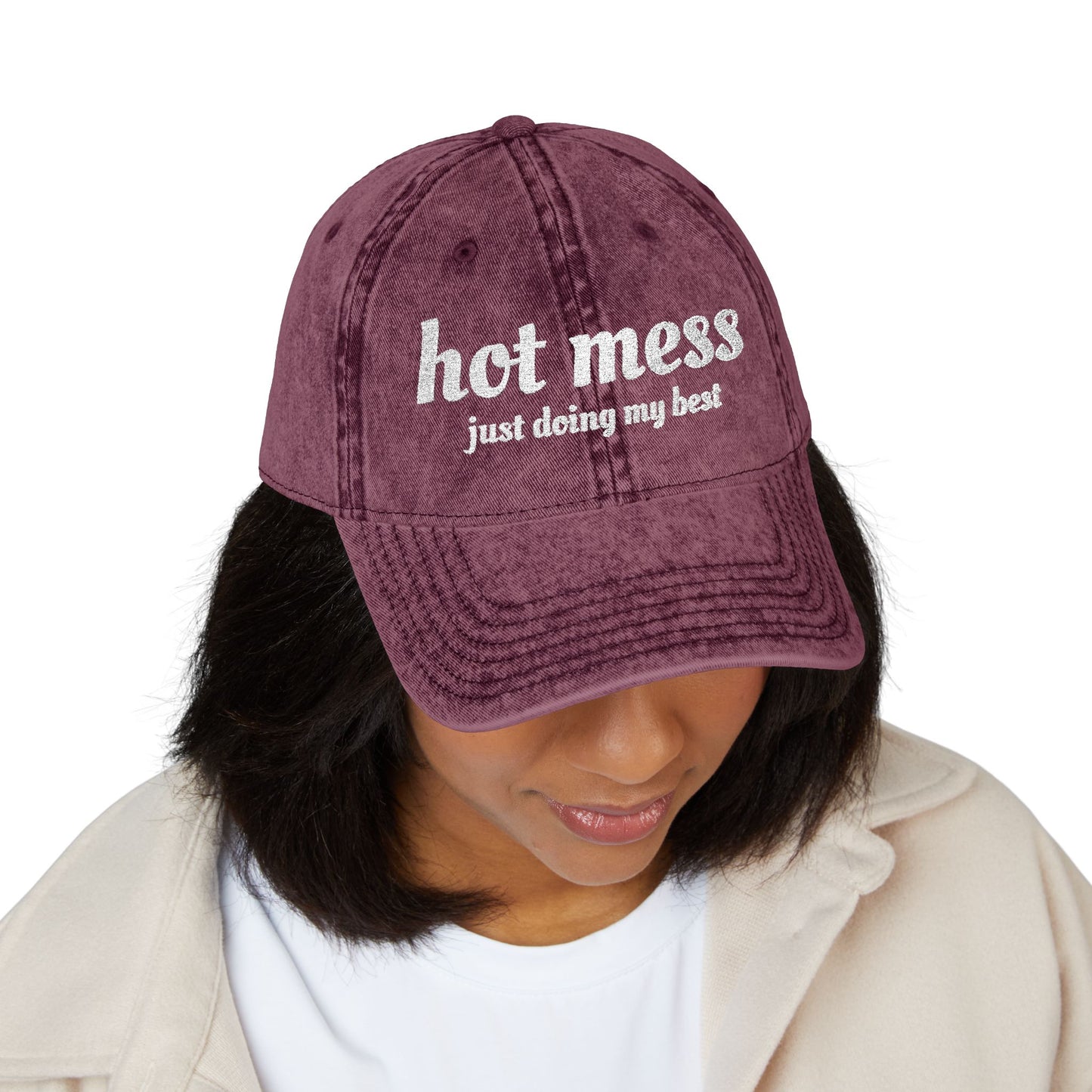 Hot Mess Embroidered Vintage Cap – “just doing my best” Distressed Dad Hat