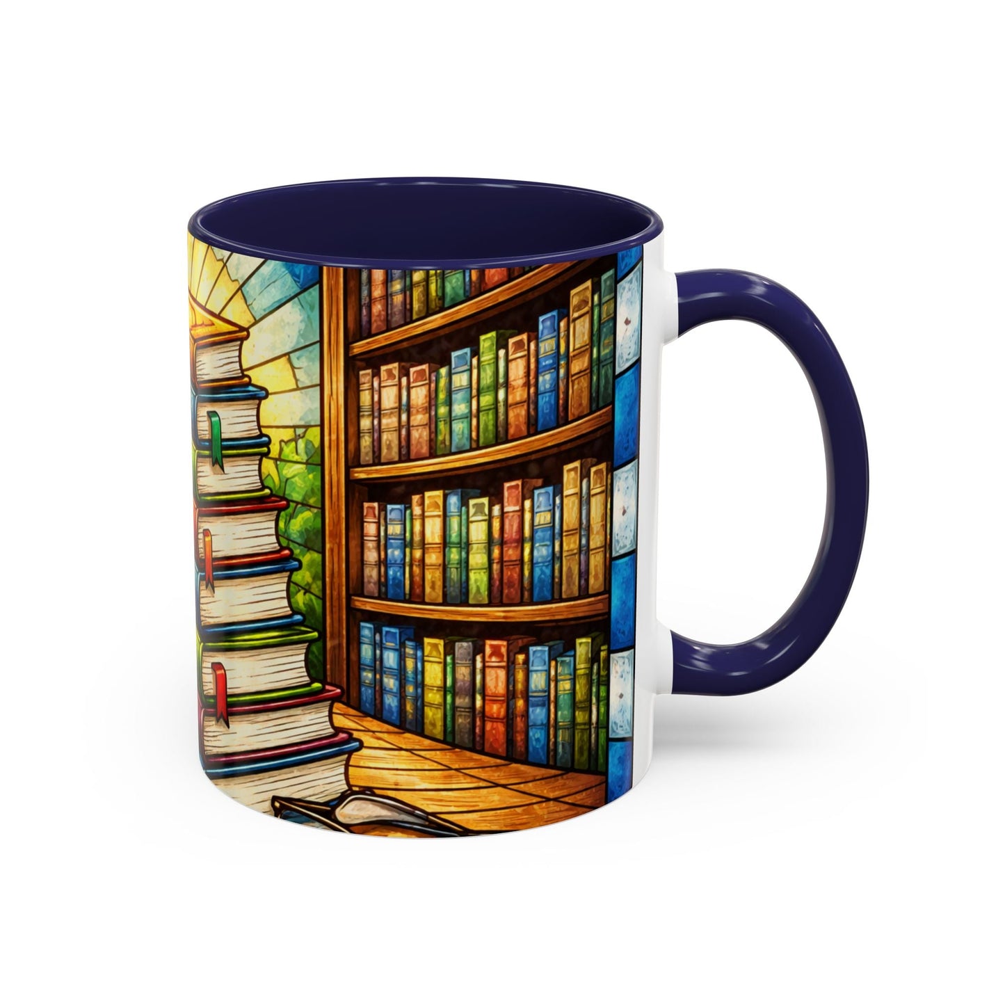 Stacked Books Accent Coffee Mug — Colorful Library Art for Book Lovers
