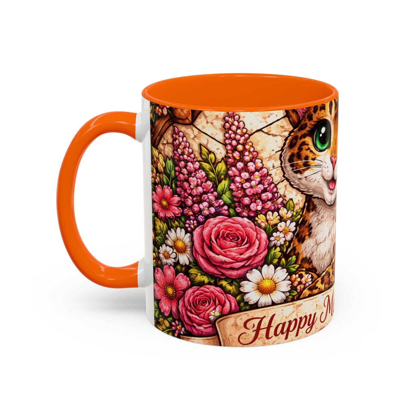 Mother's Day Cat Coffee Mug – Cute Floral Leopard Cat Accent Mug (11 oz)