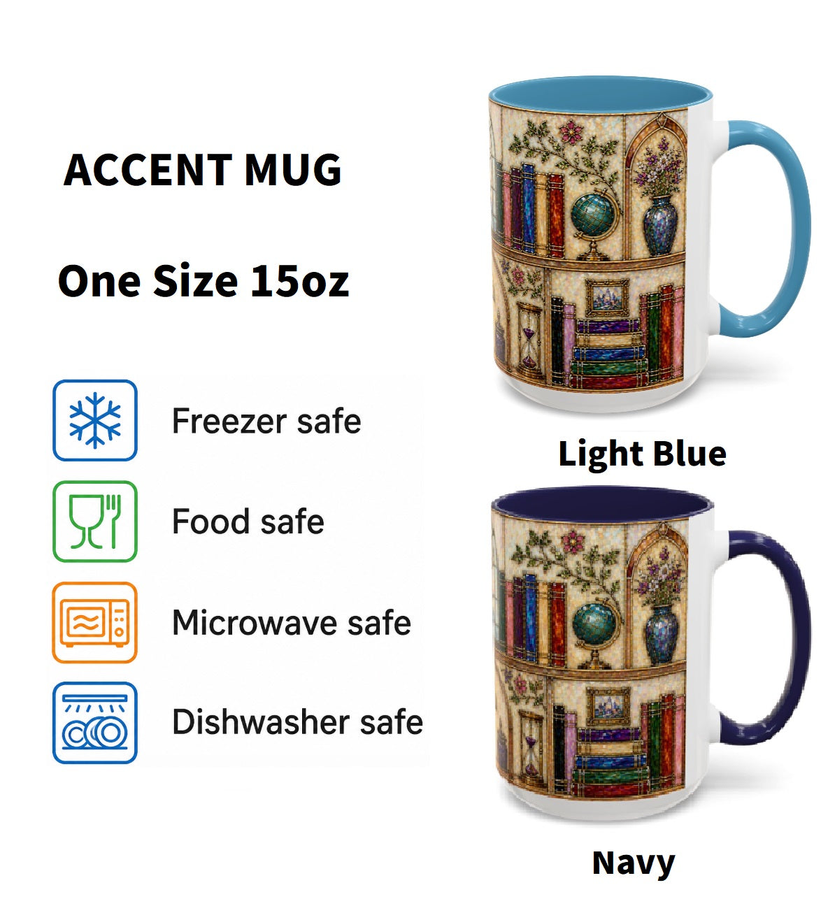 Vintage Library Mug 15oz Stained Glass Bookshelf Book Lover Gift Ceramic Tea Cup