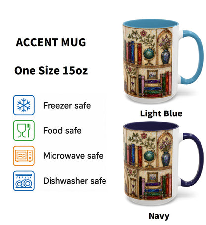 Vintage Library Mug 15oz Stained Glass Bookshelf Book Lover Gift Ceramic Tea Cup